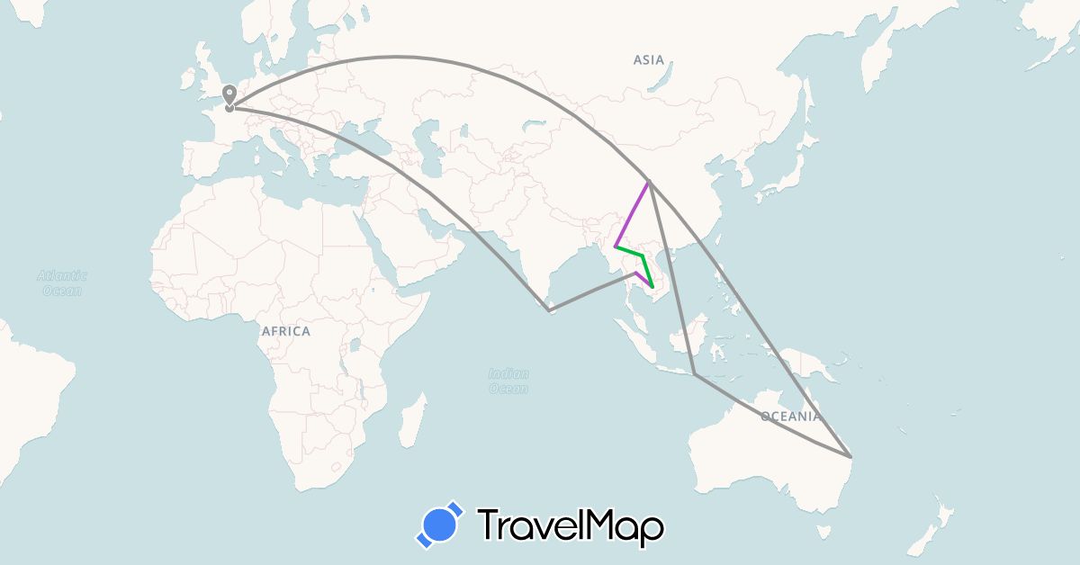 TravelMap itinerary: bus, plane, train in Australia, China, France, Indonesia, Cambodia, Laos, Sri Lanka, Myanmar (Burma), Thailand (Asia, Europe, Oceania)